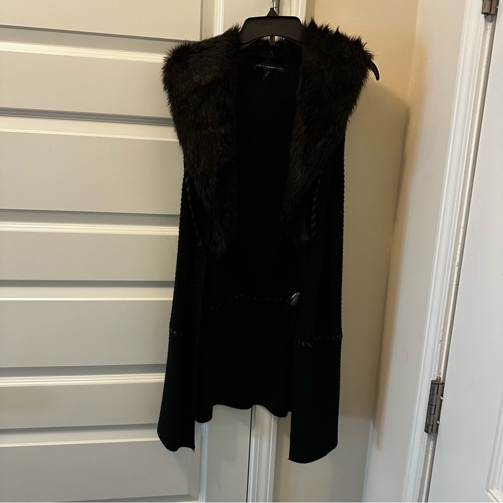 White House Black Market Black Sweater Vest with Faux Fur Trim